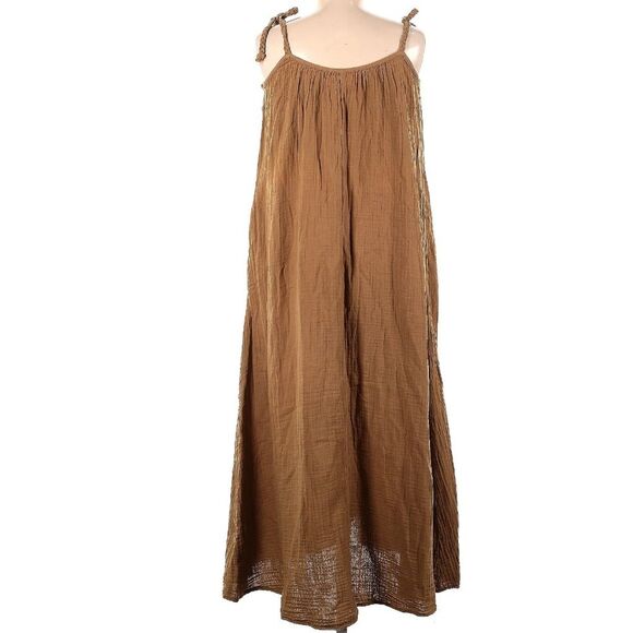Xirena 100% Cotton Brown Trapeze Tie Strap Chelsea Gauze Dress with Pockets M - Picture 1 of 10